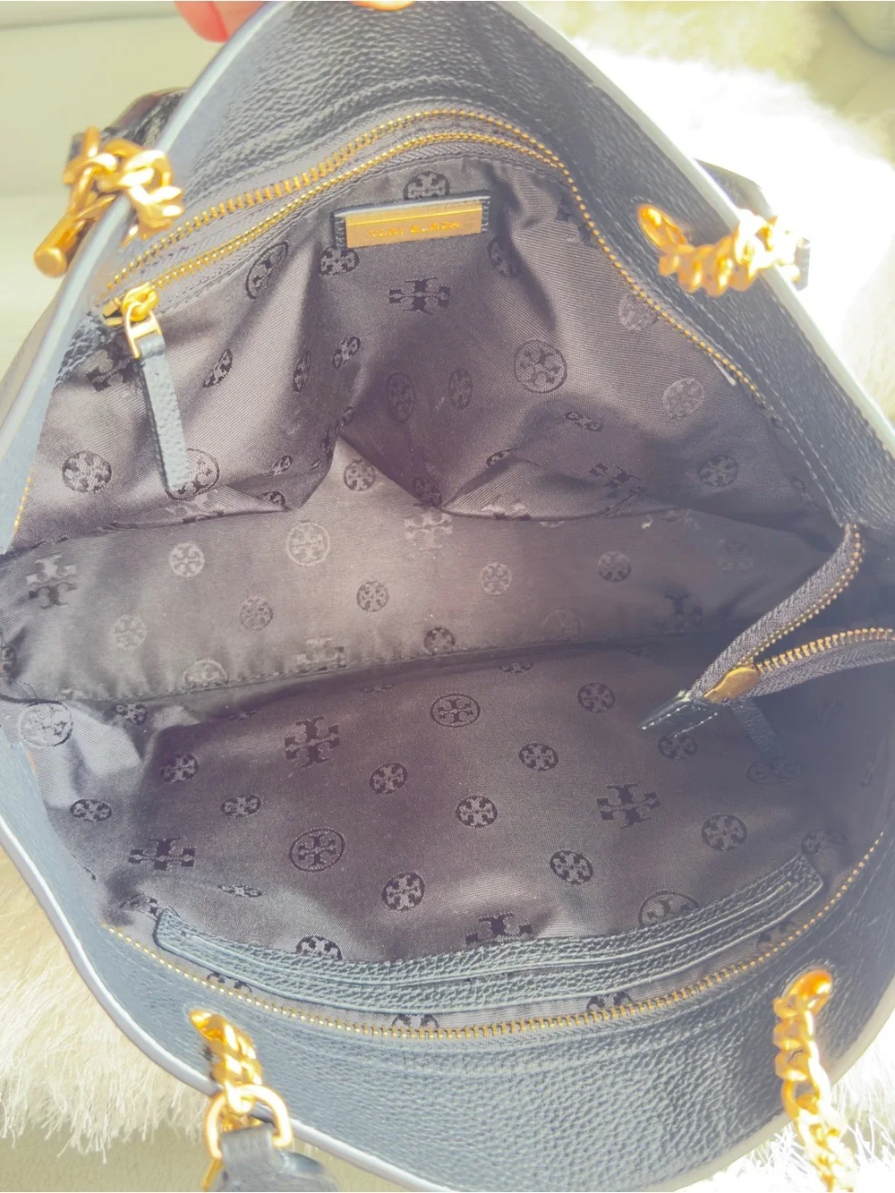 Tory Burch Black Pebbled Leather Tote with Gold Logo